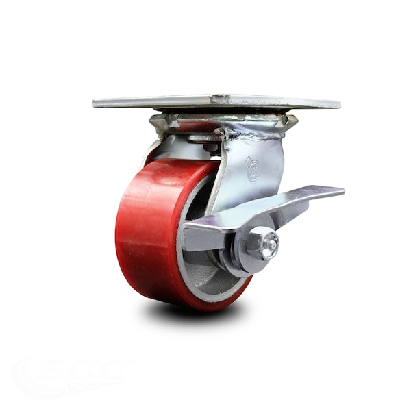 4 Inch Heavy Duty Red Poly on Cast Iron Caster with Ball Bearing and Brake SCC